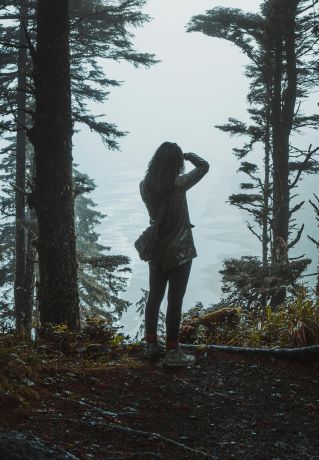 Silhouette of a woman standing in a misty Oregon forest amidst tall trees, capturing the serene atmosphere.